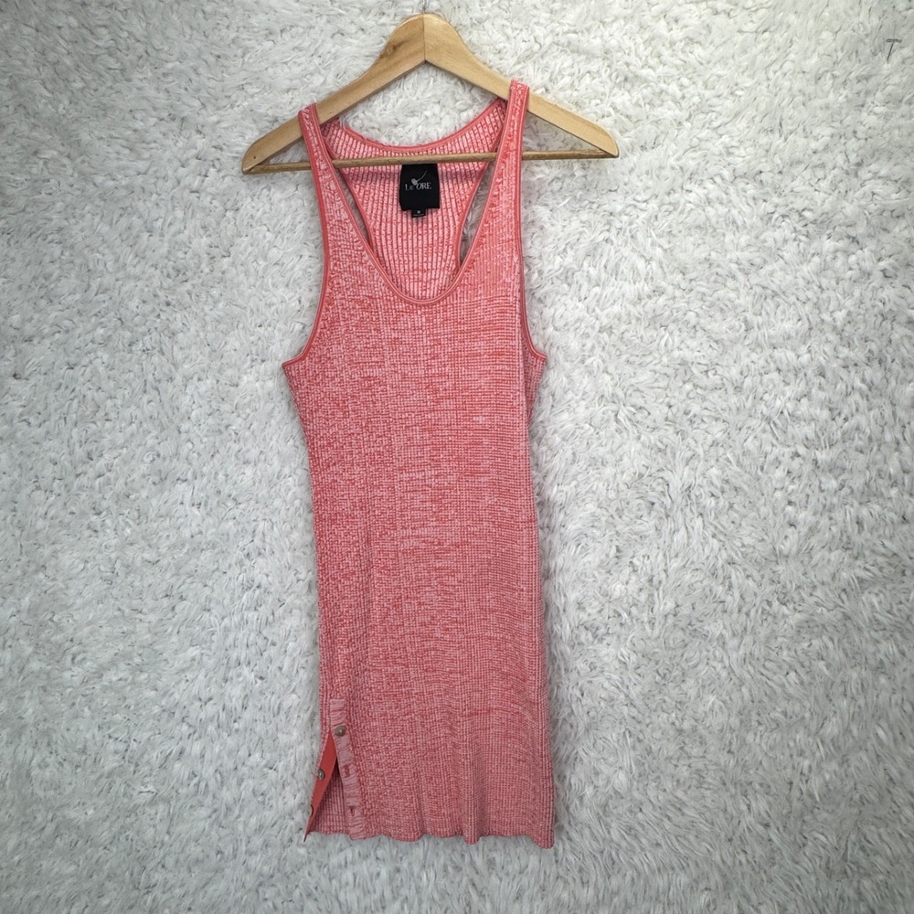 Le Ore Ribbed Racerback Tank Mini Dress Sz M Coral Pink Side Slit Button Detail